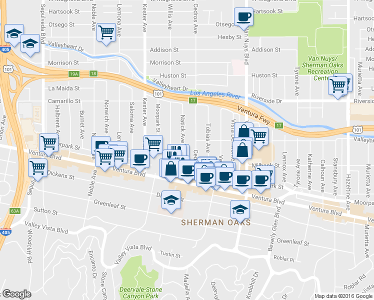 map of restaurants, bars, coffee shops, grocery stores, and more near 4509 Cedros Avenue in Los Angeles