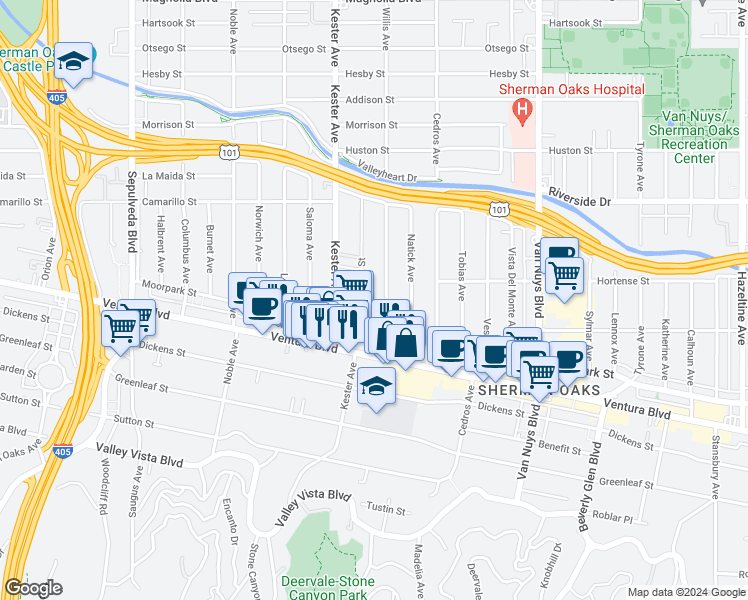 map of restaurants, bars, coffee shops, grocery stores, and more near 14845 Ventura Boulevard in Los Angeles