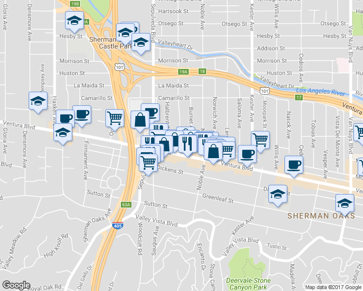 map of restaurants, bars, coffee shops, grocery stores, and more near 15200 Ventura Boulevard in Los Angeles