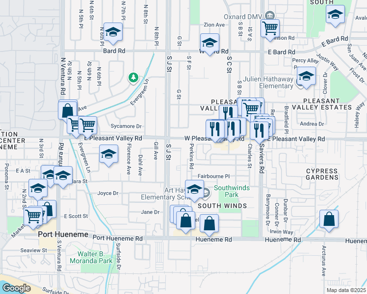 map of restaurants, bars, coffee shops, grocery stores, and more near 5141 Perkins Road in Oxnard