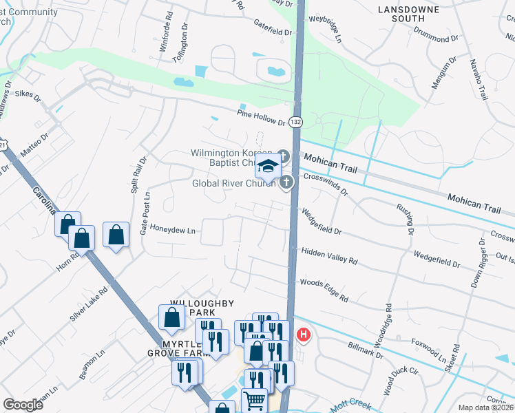 map of restaurants, bars, coffee shops, grocery stores, and more near 4518 Exuma Lane in Wilmington