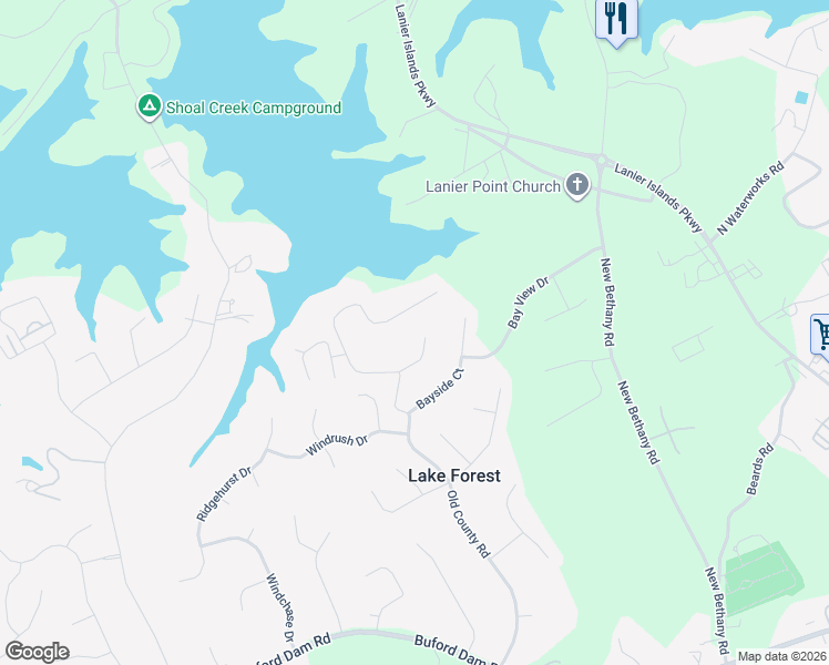 map of restaurants, bars, coffee shops, grocery stores, and more near 5815 County Court in Buford