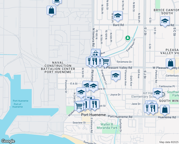 map of restaurants, bars, coffee shops, grocery stores, and more near 703 North Ventura Road in Port Hueneme