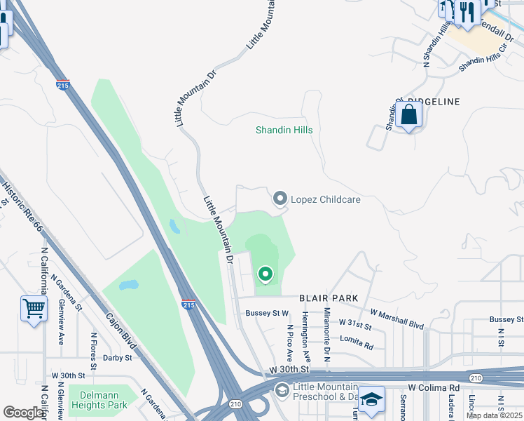 map of restaurants, bars, coffee shops, grocery stores, and more near 1460 West Edgehill Road in San Bernardino