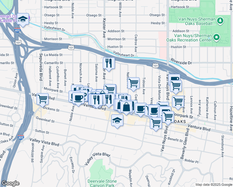 map of restaurants, bars, coffee shops, grocery stores, and more near 4573 Willis Avenue in Los Angeles