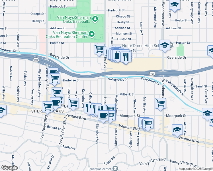 map of restaurants, bars, coffee shops, grocery stores, and more near 4515 1/2 Hazeltine Avenue in Los Angeles