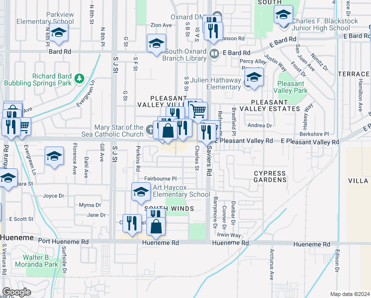 map of restaurants, bars, coffee shops, grocery stores, and more near 258 West Pleasant Valley Road in Oxnard