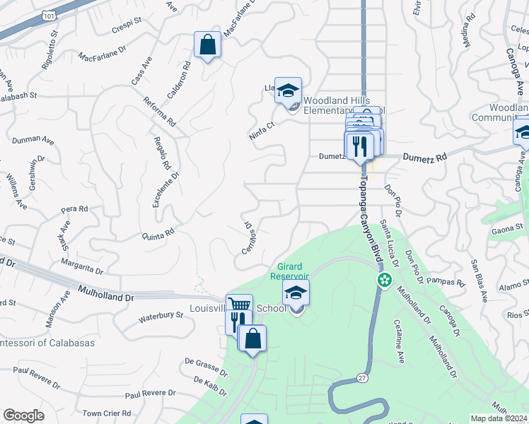 map of restaurants, bars, coffee shops, grocery stores, and more near 22261 Ybarra Road in Los Angeles