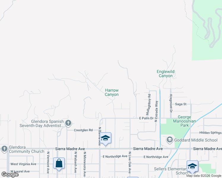 map of restaurants, bars, coffee shops, grocery stores, and more near 1051 Oak Canyon Lane in Glendora