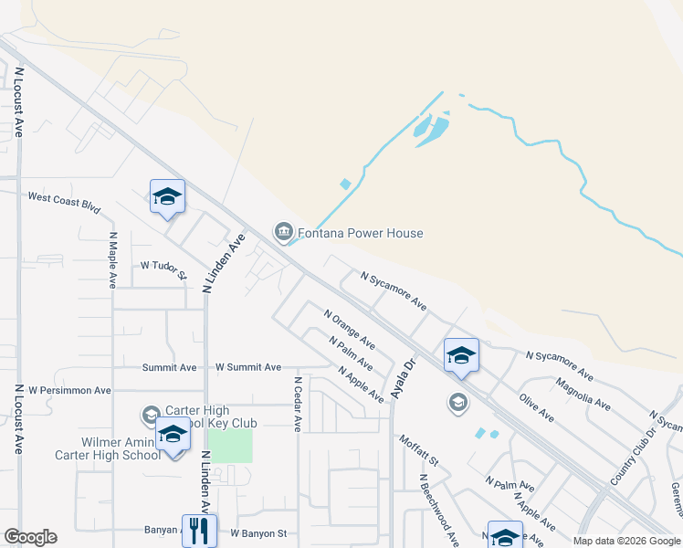 map of restaurants, bars, coffee shops, grocery stores, and more near 3017 Riverside Avenue in Rialto
