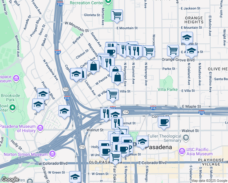 map of restaurants, bars, coffee shops, grocery stores, and more near 2 East Villa Street in Pasadena