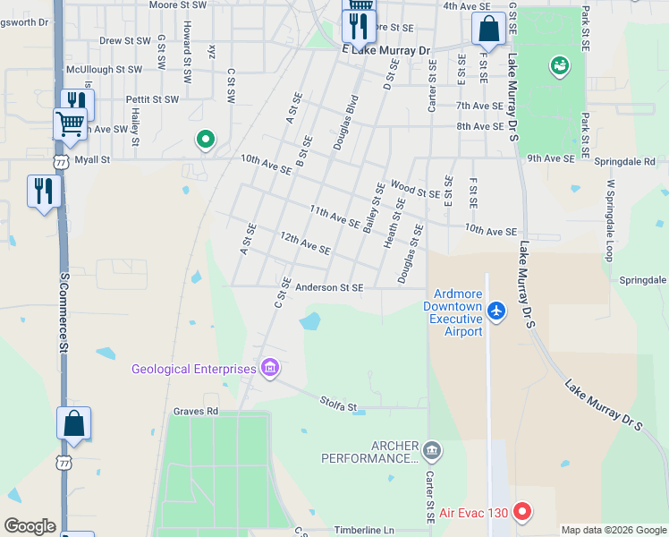 map of restaurants, bars, coffee shops, grocery stores, and more near 1207 Bailey Street Southeast in Ardmore