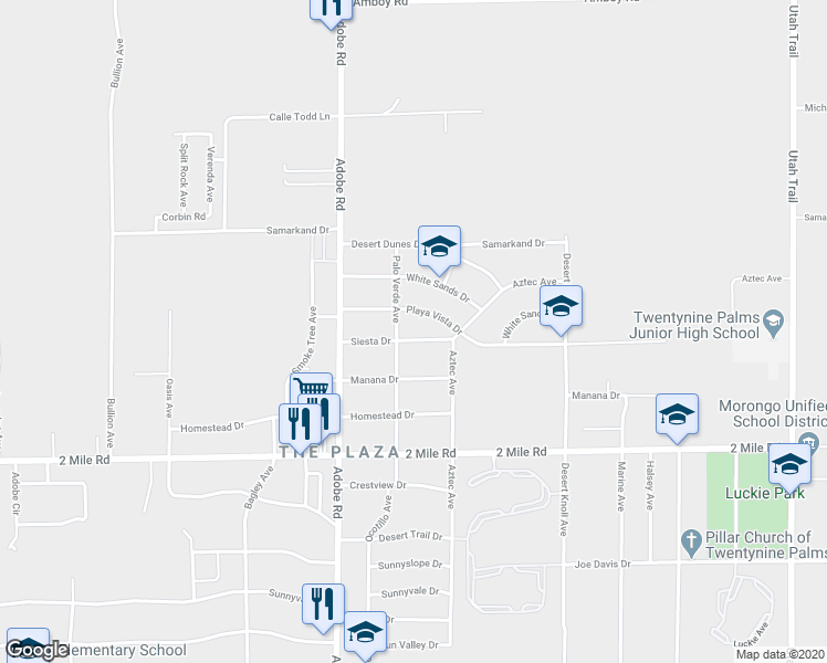 map of restaurants, bars, coffee shops, grocery stores, and more near 73830 Siesta Drive in Twentynine Palms