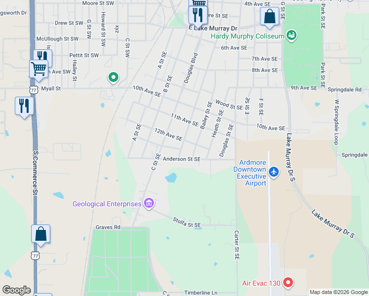 map of restaurants, bars, coffee shops, grocery stores, and more near 1207 Bailey Street Southeast in Ardmore