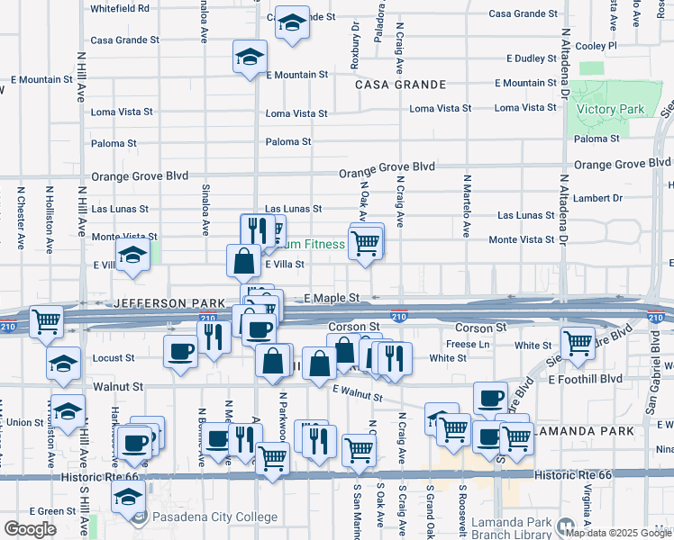 map of restaurants, bars, coffee shops, grocery stores, and more near 1990 East Villa Street in Pasadena