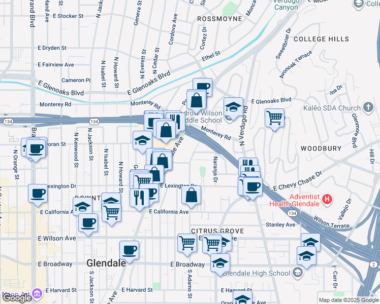 map of restaurants, bars, coffee shops, grocery stores, and more near 529 North Adams Street in Glendale