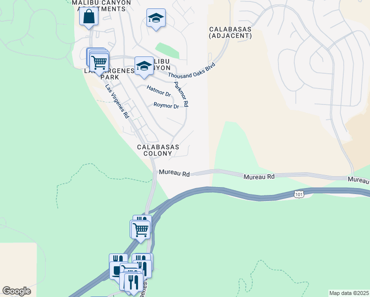 map of restaurants, bars, coffee shops, grocery stores, and more near 26017 Redbluff Drive in Calabasas