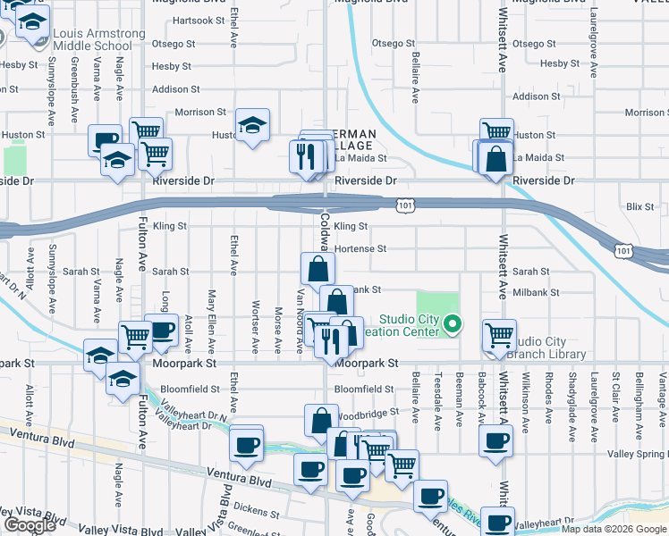 map of restaurants, bars, coffee shops, grocery stores, and more near 4600 Coldwater Canyon Avenue in Los Angeles