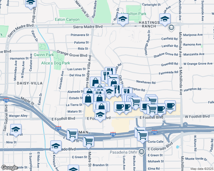 map of restaurants, bars, coffee shops, grocery stores, and more near 470 North Halstead Street in Pasadena