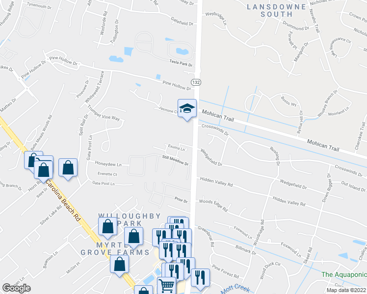 map of restaurants, bars, coffee shops, grocery stores, and more near 4659 Andros Lane in Wilmington