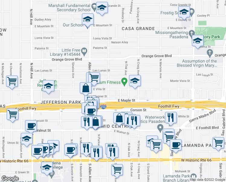 map of restaurants, bars, coffee shops, grocery stores, and more near 1960 East Villa Street in Pasadena