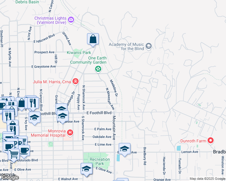 map of restaurants, bars, coffee shops, grocery stores, and more near 909 Valley View Avenue in Monrovia