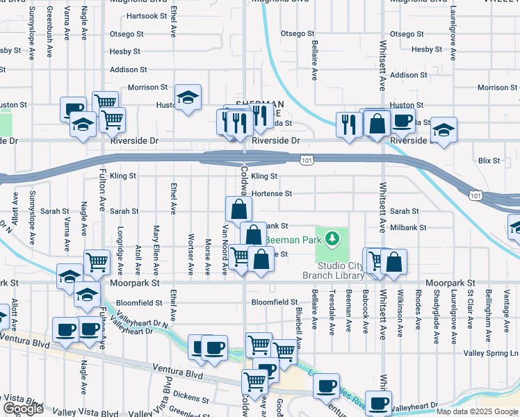map of restaurants, bars, coffee shops, grocery stores, and more near 12843 Sarah Street in Los Angeles