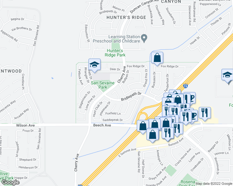 map of restaurants, bars, coffee shops, grocery stores, and more near 5504 Martingale Way in Fontana