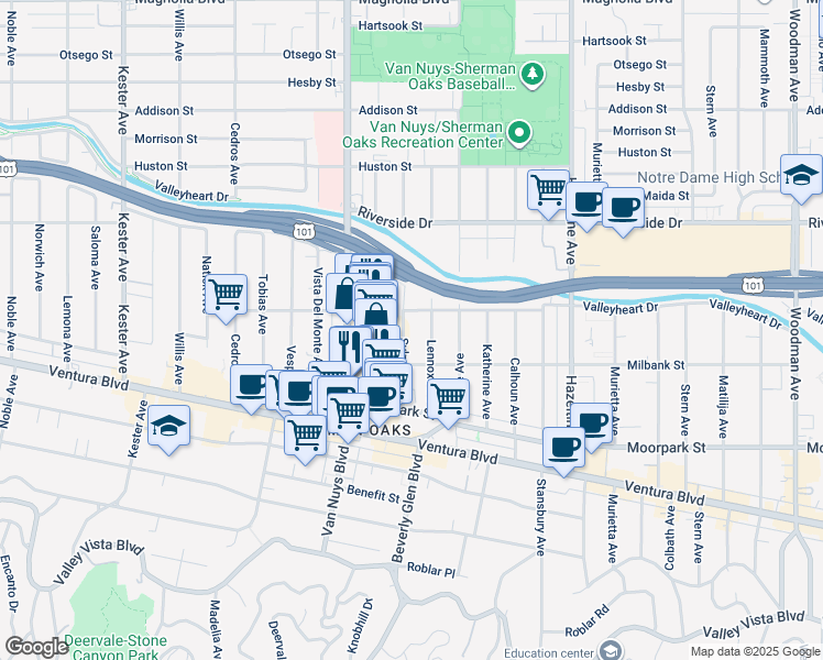 map of restaurants, bars, coffee shops, grocery stores, and more near 4519 Lennox Avenue in Los Angeles