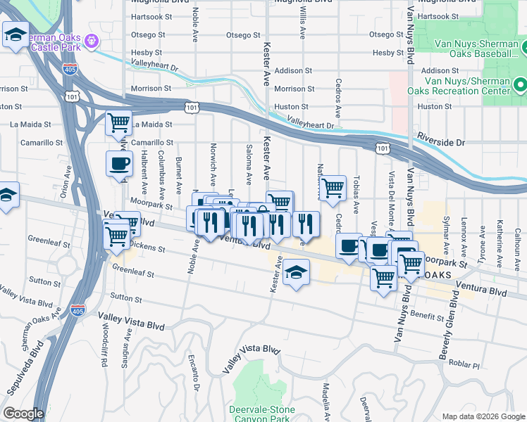 map of restaurants, bars, coffee shops, grocery stores, and more near 4619 Kester Avenue in Los Angeles