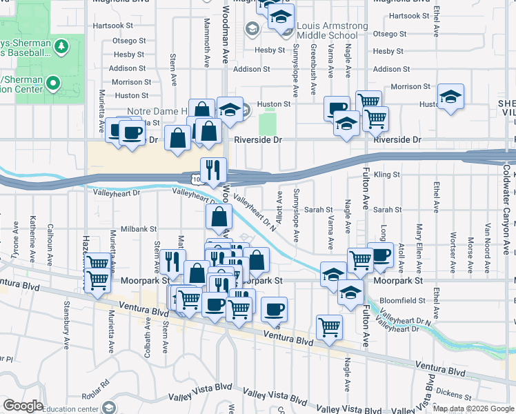 map of restaurants, bars, coffee shops, grocery stores, and more near 4601 Ventura Canyon Avenue in Los Angeles