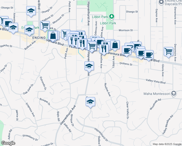 map of restaurants, bars, coffee shops, grocery stores, and more near 4612 Hayvenhurst Avenue in Los Angeles