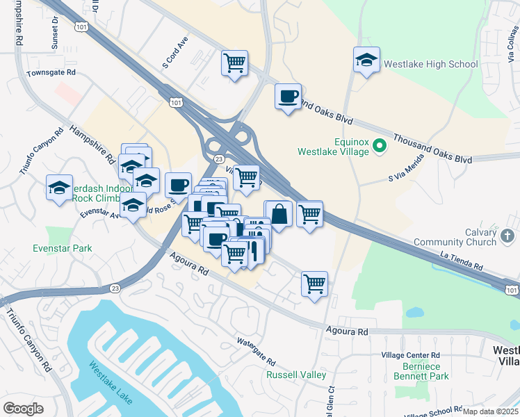 map of restaurants, bars, coffee shops, grocery stores, and more near 2835 Townsgate Road in Westlake Village