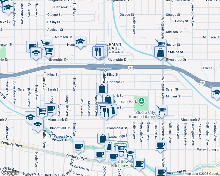 map of restaurants, bars, coffee shops, grocery stores, and more near 12843 Sarah Street in Los Angeles