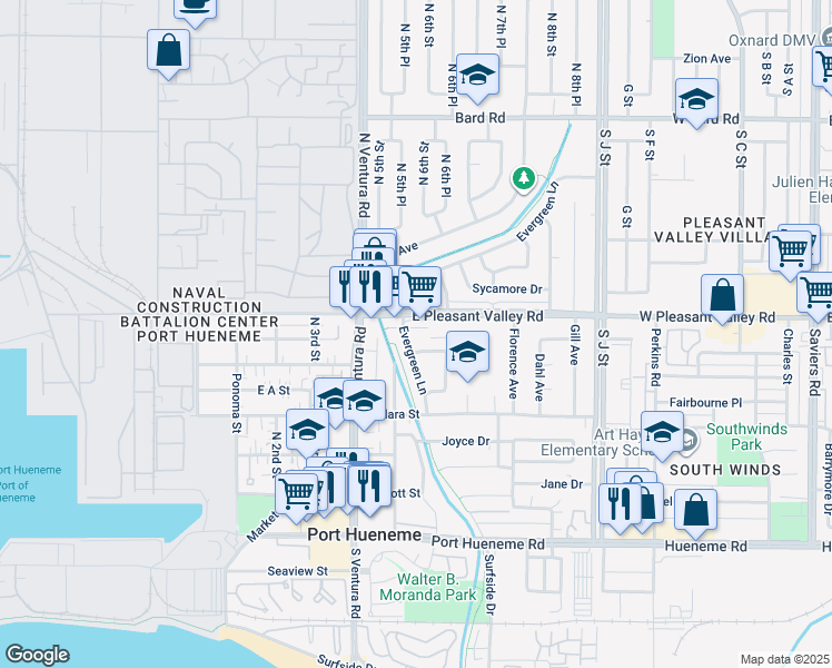 map of restaurants, bars, coffee shops, grocery stores, and more near 680 Evergreen Lane in Port Hueneme