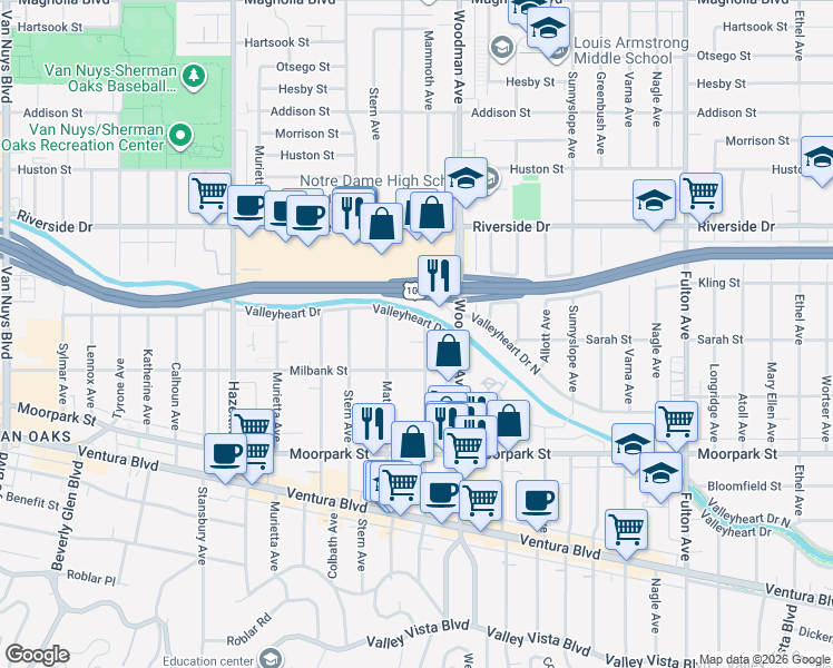 map of restaurants, bars, coffee shops, grocery stores, and more near 4539 Mammoth Avenue in Los Angeles
