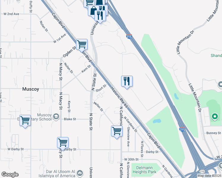 map of restaurants, bars, coffee shops, grocery stores, and more near in San Bernardino