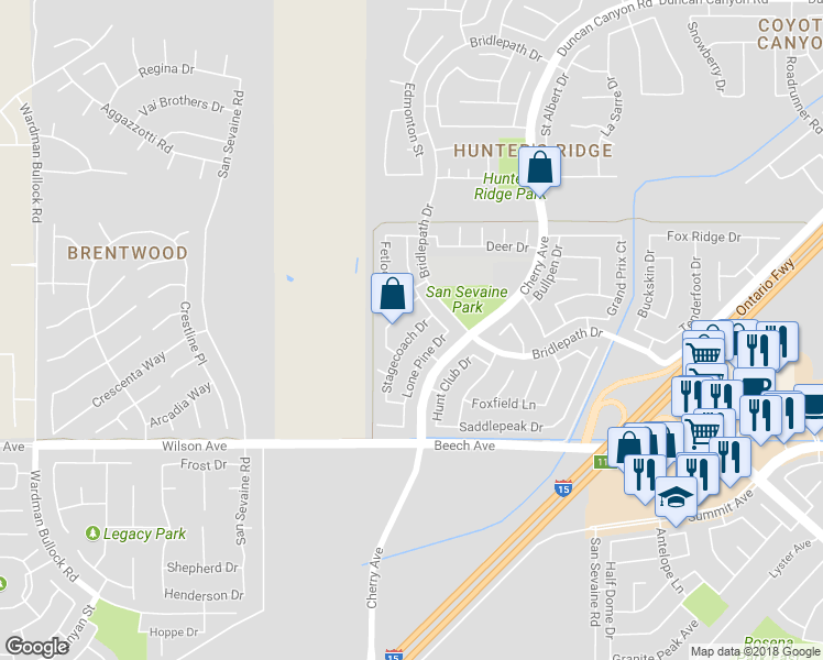 map of restaurants, bars, coffee shops, grocery stores, and more near 5687 Stagecoach Drive in Fontana