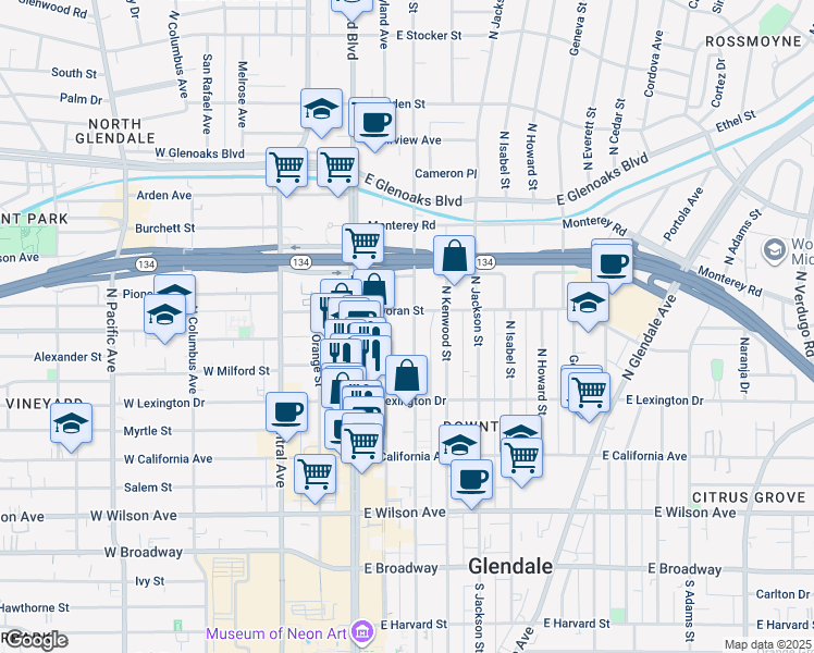 map of restaurants, bars, coffee shops, grocery stores, and more near 531 North Louise Street in Glendale
