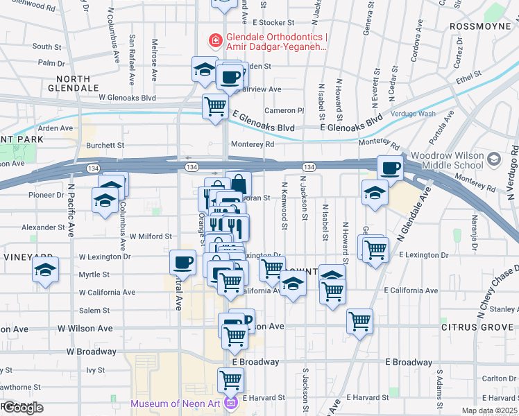 map of restaurants, bars, coffee shops, grocery stores, and more near 531 North Louise Street in Glendale