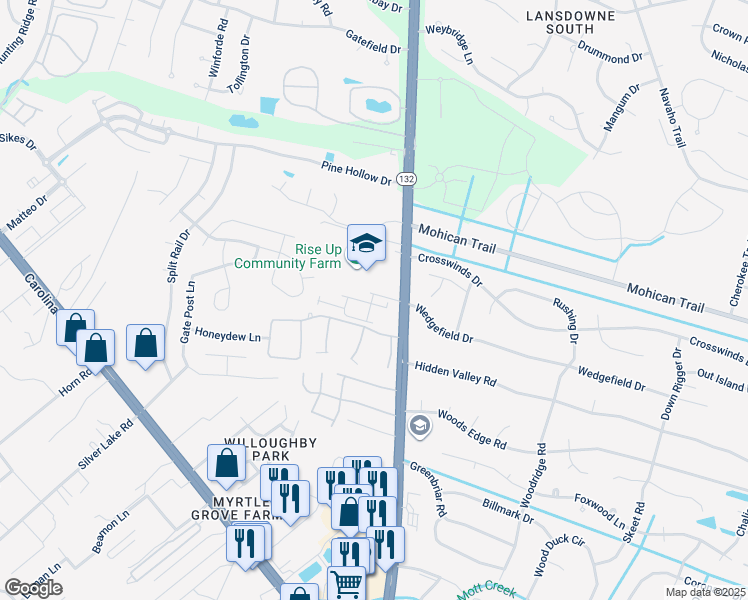 map of restaurants, bars, coffee shops, grocery stores, and more near 4503 Exuma Lane in Wilmington