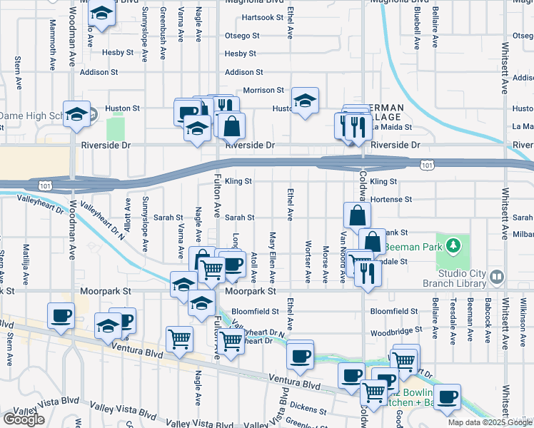 map of restaurants, bars, coffee shops, grocery stores, and more near 4544 Mary Ellen Avenue in Los Angeles