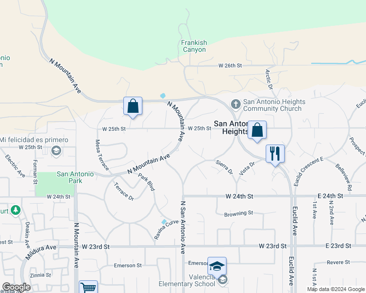 map of restaurants, bars, coffee shops, grocery stores, and more near 2499 Sierra Drive in Upland
