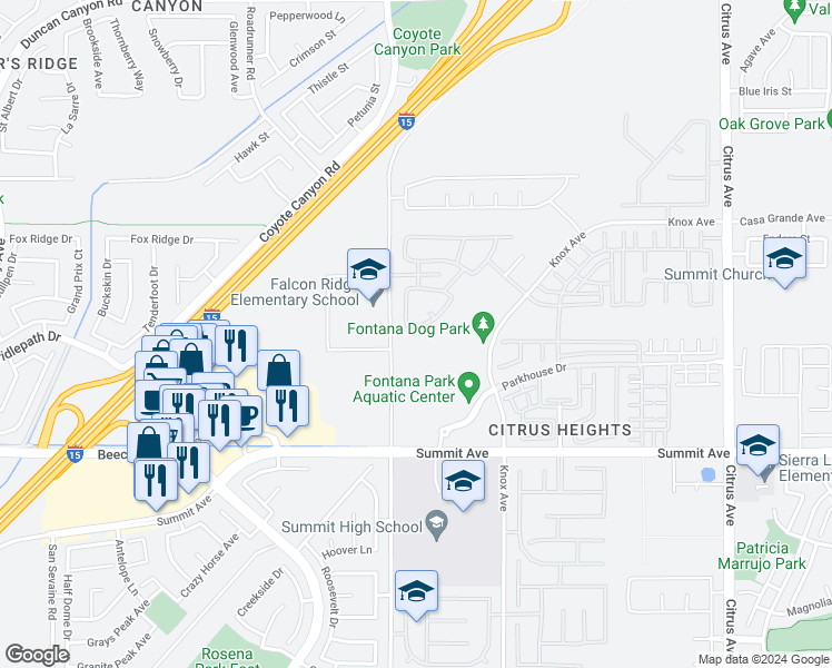 map of restaurants, bars, coffee shops, grocery stores, and more near 15549 Pisa Lane in Fontana