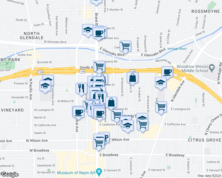 map of restaurants, bars, coffee shops, grocery stores, and more near 531 North Louise Street in Glendale