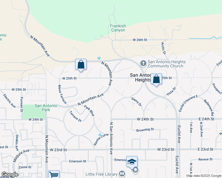 map of restaurants, bars, coffee shops, grocery stores, and more near 2499 Sierra Drive in Upland