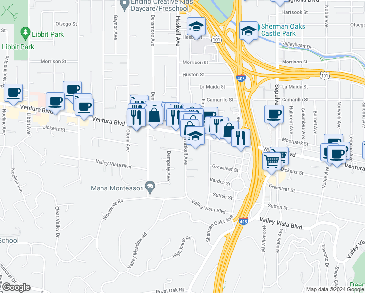 map of restaurants, bars, coffee shops, grocery stores, and more near 4557 Haskell Avenue in Los Angeles