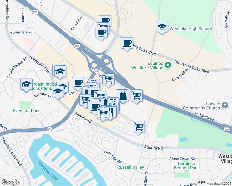 map of restaurants, bars, coffee shops, grocery stores, and more near 2829 Townsgate Road in Westlake Village