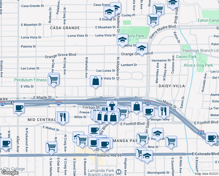 map of restaurants, bars, coffee shops, grocery stores, and more near 2460 East Villa Street in Pasadena
