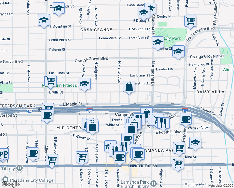 map of restaurants, bars, coffee shops, grocery stores, and more near 422 Lola Avenue in Pasadena